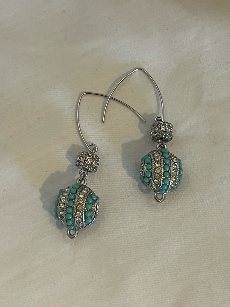 Turquoise And Silver Beaded Dangle Earrings - Brand Unspecified